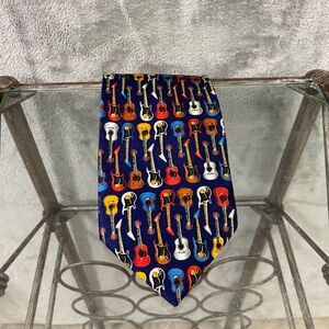 Puritan Men's silk Necktie Novelty Guitars  Navy Blue multicolor 56”